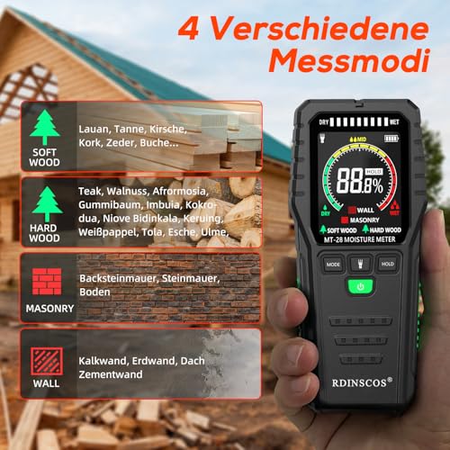 RDINSCOS Testeur d'humidité sans aiguille, testeur d'humidité mural avec batterie, écran LCD couleur et alarme sonore pour bois, béton et construction (profondeur : 0-19 mm) – vue 2