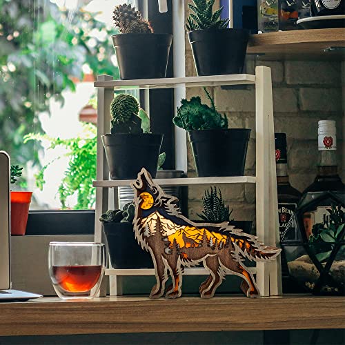 Idotodo Wolf And Mountains Layered Wooden Carved Ornament With Lights, Forest Animal Multi-Layered 3D Decor #TOP5