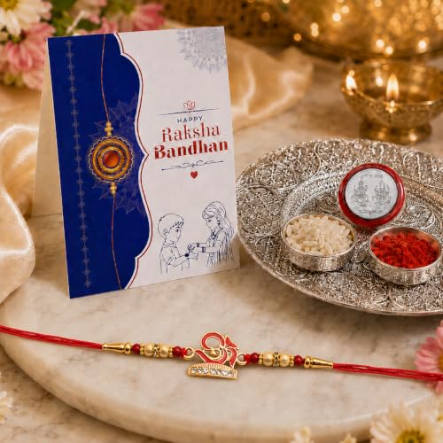 Image of Oblivion Rakhi Set for Brother - Om Design Rakhi for Brother with Silver Colour Pooja Thali, Pooja Coin, Kumkum Chawal & Greeting Card | Raksha Bandhan Gift Hamper
