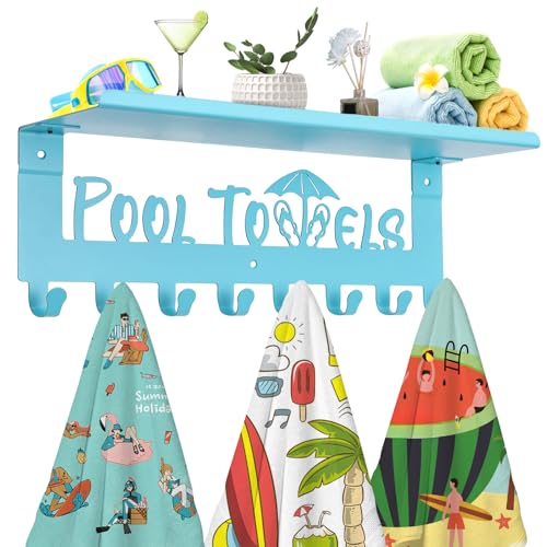 IBosins Pool Towel Rack with Shelf, Outdoor 8 Hooks Towel Holder Wall Mounted, Towel Hanger for Hanging Bathrobes, Towels, Clothes - Perfect Pool Area Outside Sign and Decor (Blue)