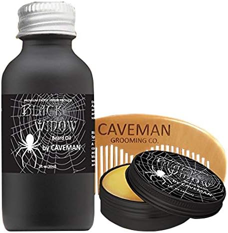 Caveman Black Widow Beard Oil, Leave in Conditioner, 1oz Beard Balm and Handmade Wooden Caveman Comb