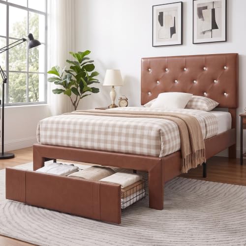VECELO Twin Size Bed Frame with Storage Drawers, Leather Upholstered with Diamond Tufted Headboard, Solid Wood Slat Support, No Box Spring Needed, PU & Brown