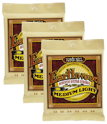 Ernie Ball Earthwood Cordes moyennes légères Bronze 80/20, pour guitare acoustique, calibre 12-54 (Lot de 3)
