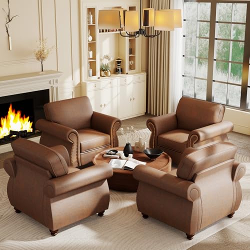 Image of Couchus Mid-Century Accent Chair with Nailhead Trim, Faux Leather Upholstered Armchair for Living Room, 42 inch Upholstered Sofa Chair for Bedroom (Caramel Rust, Single)