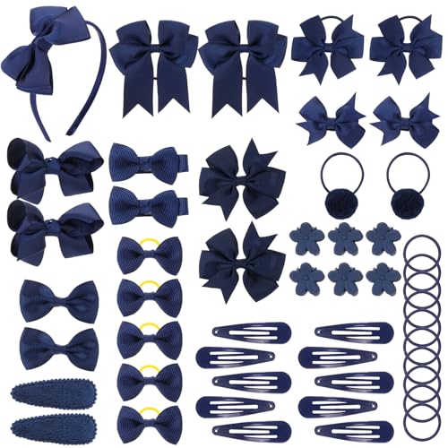 FRIUSATE 50Pcs Nevy Bow Girls School Hair Accessories Hair Clips Kit(Navy Blue)
