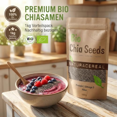 Naturacereal Bio Chia Samen 1kg - Premium Chiasamen aus biologischem Anbau - Vegan & Glutenfrei - Reich an Omega-3, Protein & Ballaststoffen - Superfood für Müsli