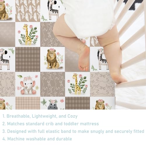 Image of Baby African Safari Animals Crib Sheets 52''x28'' Lion Elephant Giraffe Hippo Zebra Floral Leaves Stretchy Fitted Crib Mattress Cover for Boy Girl Soft Baby Sheets for Standard Crib Toddler Mattress