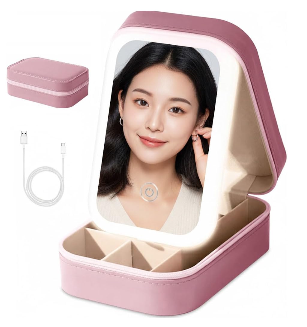 INOVERA (LABEL) Makeup Organizer Bag for Women & Girls - Stylish Compact Faux Leather Vanity Box - Travel Cosmetic Organiser Case with LED Mirror (Pink)
