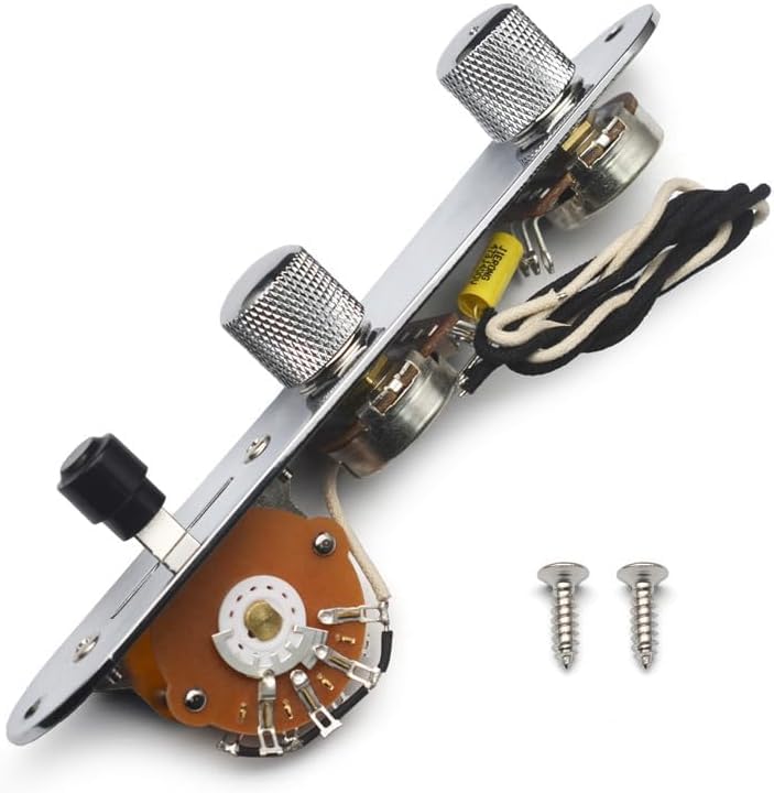 Guitar Control Plate with Wiring Harness for Telecaster Electric Guitar, Chrome Prewired 3-Way Blade Guitar Switch with 500K Brass Shaft Large Potentiometers(Vintage style)