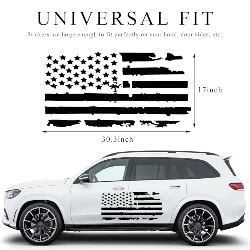 Image of Wevdn Distressed American Flag Sticker, 16.9 inch x 30.7 inch Waterproof Patriotic Old Glory Military Grunge Sticker, Universal Car Door Wall Window Windshield Decoration Sticker (Black)