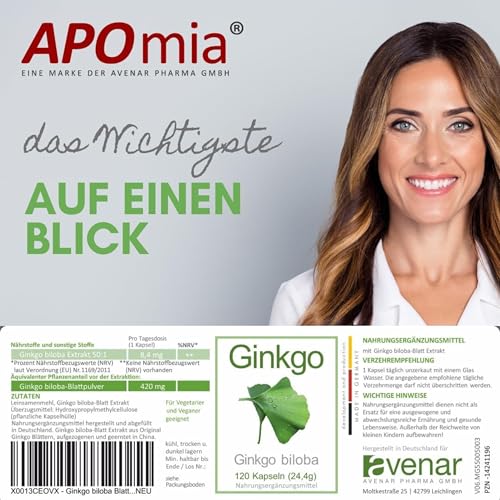 Ginkgo biloba Blattpulver 420mg | aus der Apotheke | 120 Kapseln 4-Monatspackung | aus 8,4 mg 50:1 Extrakt | hochrein, made in Germany | hochdosiert, natürlich, vegan | Testsieger Note sehr gut.