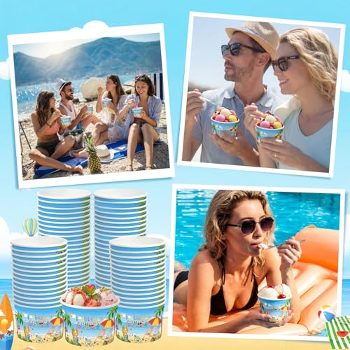 Image of Funnymoom 50 Pack Hello Summer Ice Cream Cups 9 oz Beach Disposable Dessert Bowls Paper Soup Bowl Summer Beach Pool Snack Cup for Hot or Cold Food for Summery Hawaiian Tropical Birthday Party Supplies