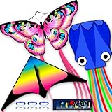 Doinfly 3 Piece Set Butterfly Delta Octopus Kites for Kids and Adults，Easy to Fly for Outdoor Adults Children Line Kite for Kids Toy (Delta Pink Butterfly Blue Octopus, 3)