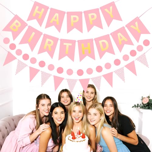 Image of Pink Happy Birthday Banner Hanging Sign Circle Dot Triangle Bunting
