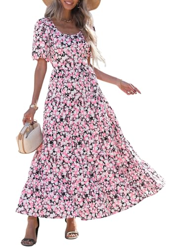 PRETTYGARDEN Puff Short Sleeve Cewneck Floral Long Fall Dresses for Women 2025 Flowy Tiered Hem Maxi Wedding Guest Dress