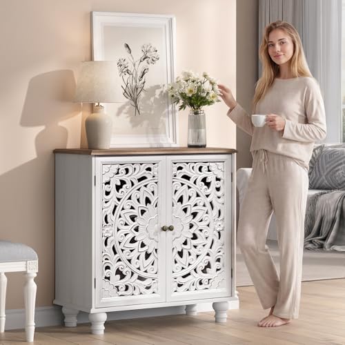 Image of Accent Cabinet with Doors, Decorative Storage Cabinet with Adjustable Shelf, Carved Sideboard Buffet with Solid Wood Legs for Living Room, Entryway, Kitchen, Hallway, White