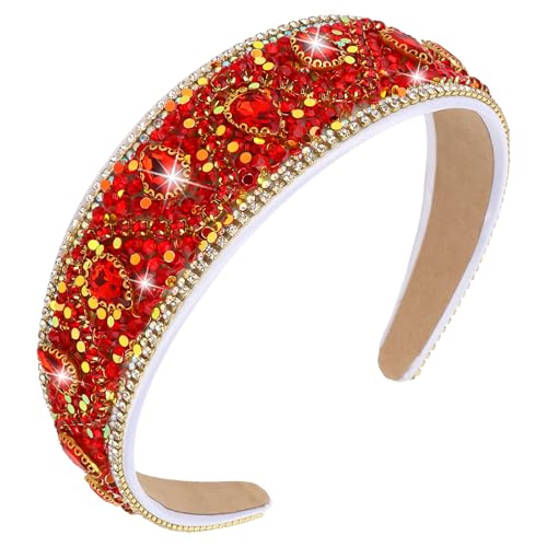 Wecoe Red Rhinestone Headband Women Wide Fancy Sparkly Bling Sequin Glitter Crystal Jeweled Diamond Embellished Headband Hairband Holiday Formal Hair Accessories Gifts