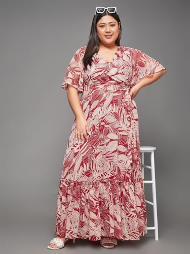 Image of Miss Chase A+ Women's Bohemian V-Neck Flutter Sleeve Chiffon Relaxed Fit Wrap Maxi Dress