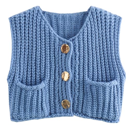 Image of KEOMUD Women Sleeveless Crop Knit Cardigan Casual Button Down Open Front Sweater Vest with Pockets Lightblue Medium