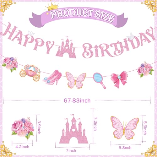 Gzduck BN-PRINCESS-PINK-01A Happy Birthday Banner For Girls- Pink Princess Birthday Party Decorations thumb #1