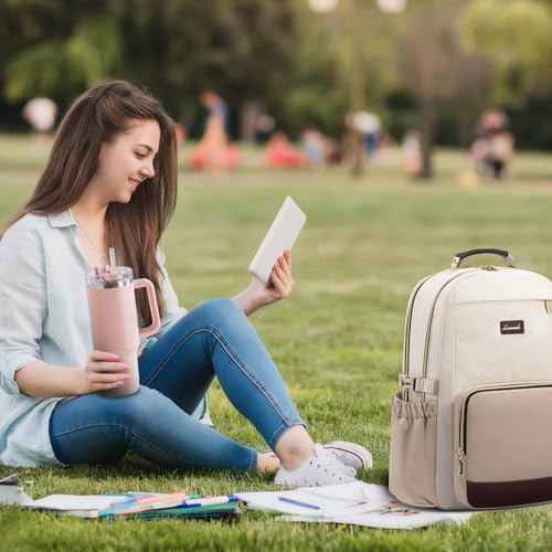 Image of LOVEVOOK Laptop Backpack for Women with Pouch Pocket for Large Capacity Cup,17 Inch Laptop Computer Bag Travel Backpack Purse,Waterproof Work Business College Teacher Backpack,Beige-Nude-Logam Plum