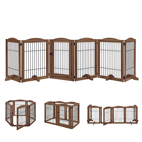 unipaws Pet Playpen with Wood and Wire, 6 Panels Extra Wide Freestanding Walk Through Dog Gate with 5 Support Feet, Foldable Stairs Barrier Pet Exercise Pen for Dogs Cats