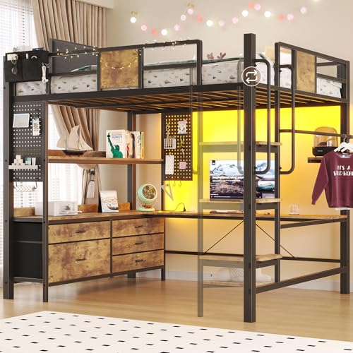 Loft Bed Full Size,Full Size loft bed with Desk,full Loft Bed Frame with Stairs&5 Fabric Storage Drawers,Charging Station&LED Lights,Metal Bunk Bed with Desk, Removable Guard Ladder, Noise Free, Brown