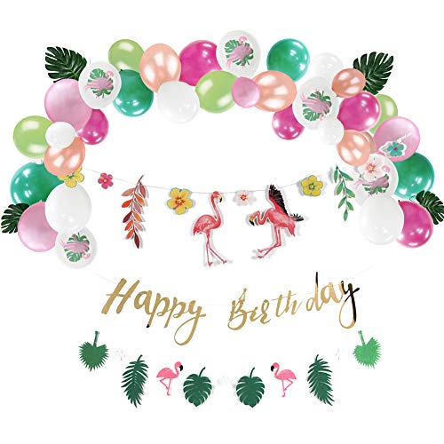 SUNBEAUTY Flamingo Party Anniversaire Fille Decoration Ballon Kit Rose Vert Blanc Happy Birthday Tropical Summer Party Decor