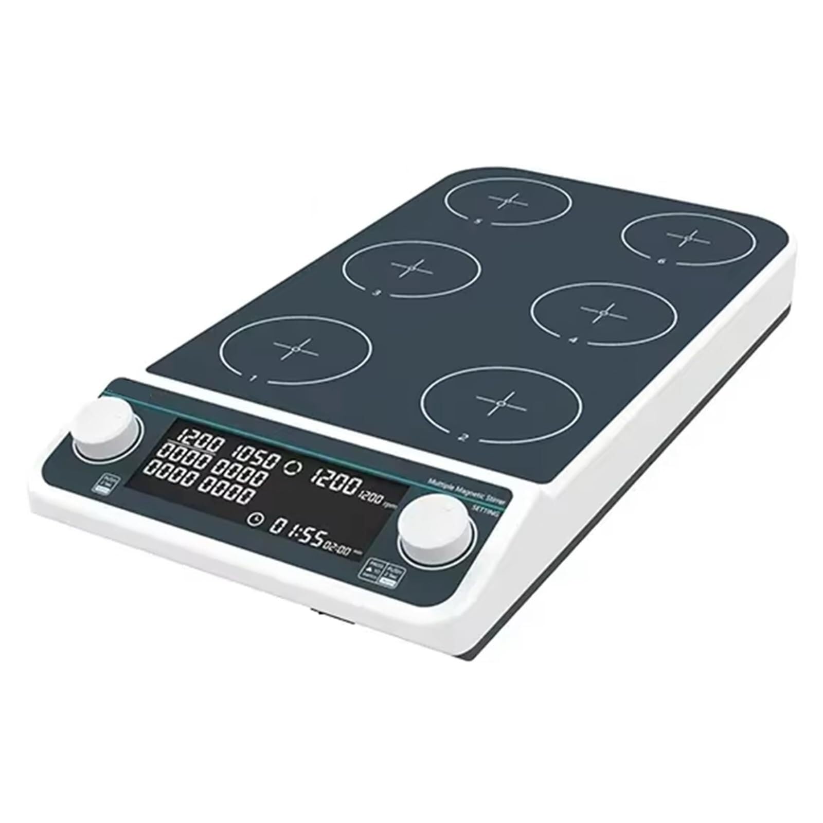 Agitador magnético, multiposición, velocidad ajustable 50-1500 RPM, temporizador 1min-19h59min, 4/6/9 estaciones, control síncrono/asincrónico, pantalla LED