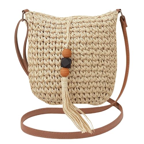 Handwoven Straw Crossbody Bag, Boho Beach Purse, Rattan Wicker Design with Adjustable Strap, Summer Vacation Tassels