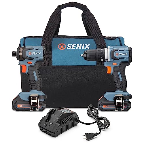SENIX-Amazon SENIX X2 20 Volt Max* 2-Piece Cordless Power Tool Kit with Battery Powered 1/2-Inch Drill Driver and 1/4-Inch Impact Driver, Includes Storage Bag, 2 2.0 Ah Batteries & Charger (S2K2B2-01)