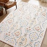Phantoscope Washable Area Rug 5'x7' Non-Slip, Vintage Floral Boho Rugs for Living Room, Bedroom, DiningRoom, Soft Botanical Moroccan Pattern, Low-Pile Foldable Floor Carpet, Ivory Pink/Boho Garden