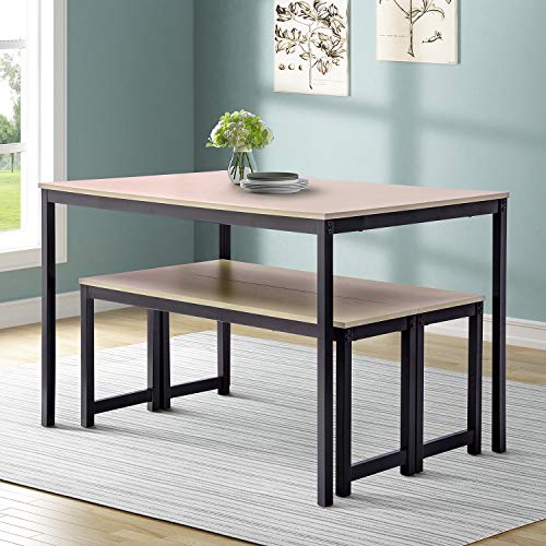 Dining Table Set, Hinpia 3 Pieces Modern Kitchen Table Set With 2 Benches, Wood Tabletop With Metal Frame (Beige/Black) #TOP2
