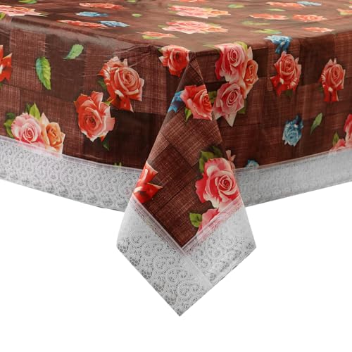 Image of Dakshya Industries 6 Seater PVC Waterproof Dining Table Cover 60x90 Inch | Floral Printed Washable Table Cloth with Lace Border