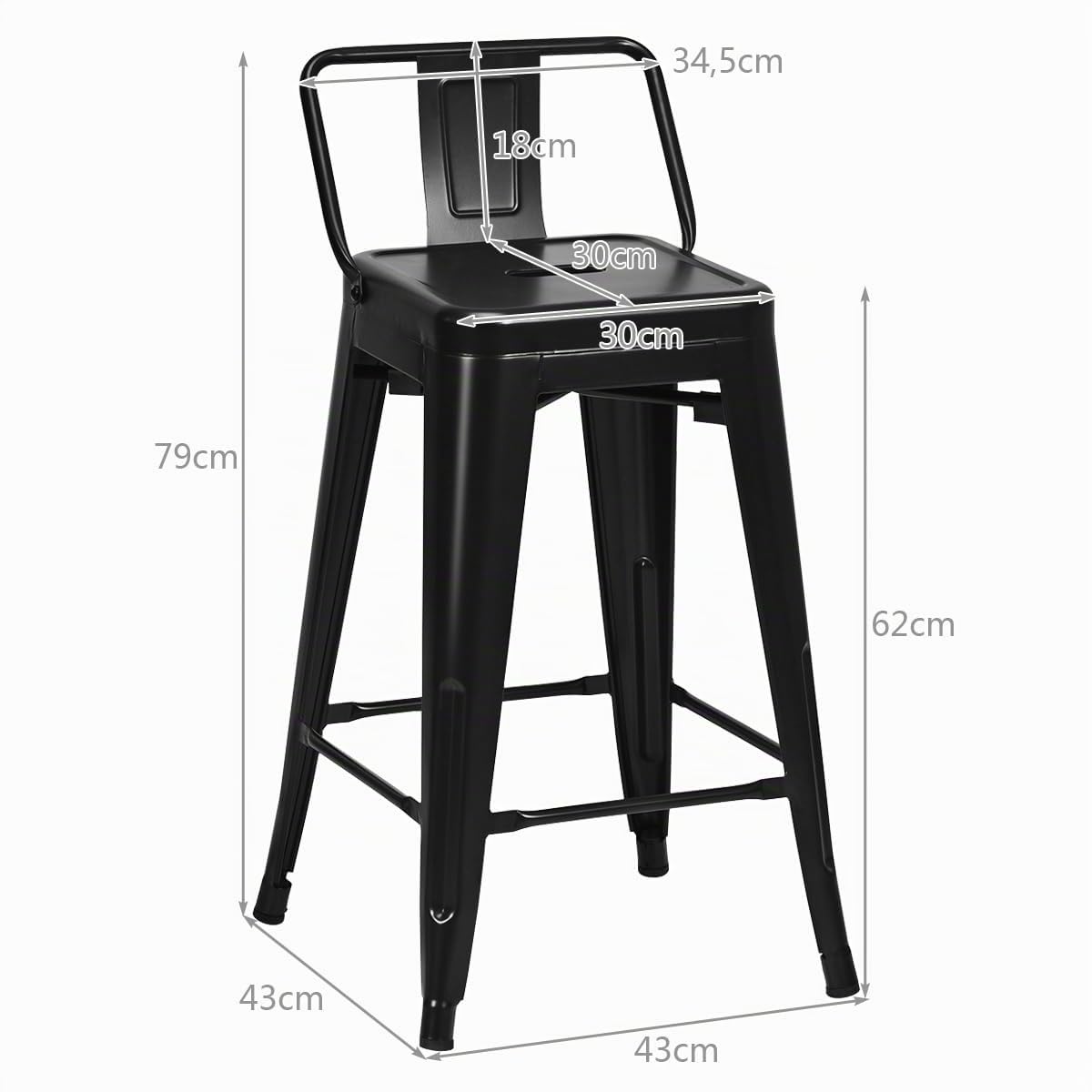 COSTWAY Set di 4 Sgabelli da Bar da 62 cm, Impilabile Sedie da Cucina Alto, in Metallo, con Schienale Rimovibile, Poggiapiedi, Design Industriale (Nero)