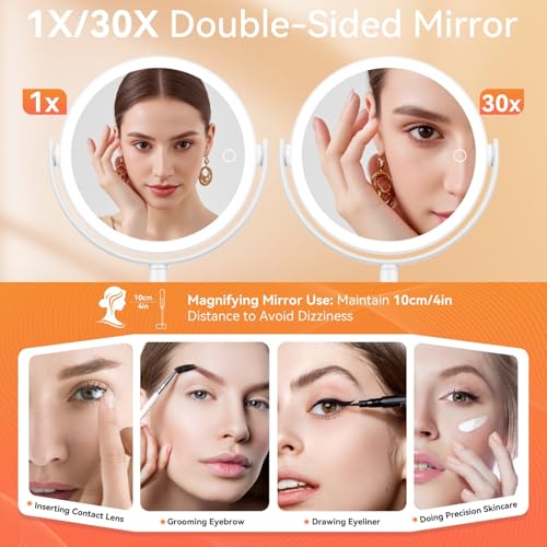 Auxmir 30X Magnifying Mirror with Light, 9'' Rechargeable Makeup Mirror with Tweezer, 3 Color Stepless Dimmable Mirrors with Phone Holders, 360° Free Standing Detachable Vanity Mirrors for Bedroom - Cosy Home Interiors Auxmir 30X Magnifying Mirror with Light, 9'' Rechargeable Makeup Mirror with Tweezer, 3 Color Stepless Dimmable Mirrors with Phone Holders, 360° Free Standing Detachable Vanity Mirrors for Bedroom - Image 3