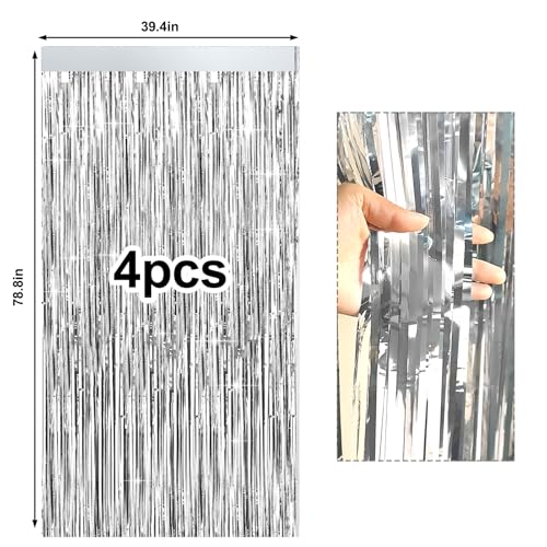 Image of 4 Packs Silver Foil Fringe Curtain, Silver Metallic Tinsel Backdrop for Birthday, Wedding, Baby Shower, Engagement, Bachelorette Party, Christmas Holiday Celebration Party Decorations Supplies