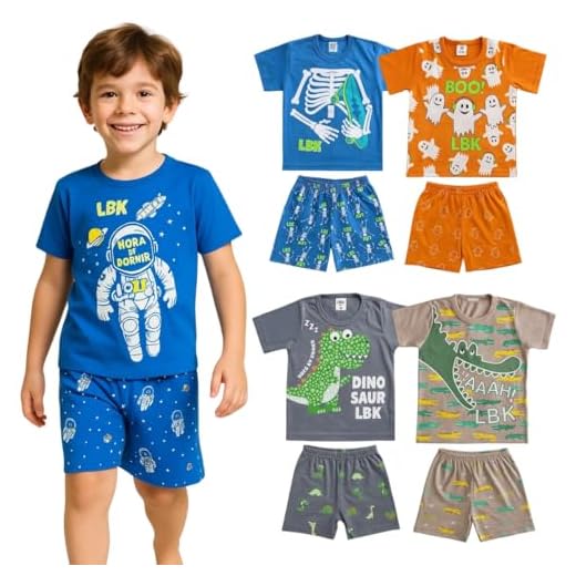 Kit 4 Conjuntos Pijama Menino 100% Algodão Infantil De Verão Manga Curta Short + Camiseta (02)