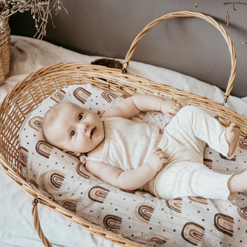 Image of Muslin Bassinet Fitted Sheets 2 Pack, Soft Breathable Cotton Baby Bassinet Mattress Sheet Set, 360 Elastic Snug Fit, Universal for Oval, Rectangle (Cute Rainbow, Bassinet Sheets 2 Pack)