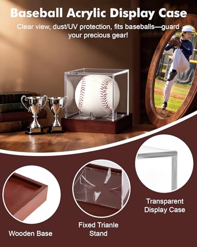 Image of Fitense Clear Acrylic UV-Protected Sports Display Case with Solid Wood Base for Autographed Memorabilia, Baseball