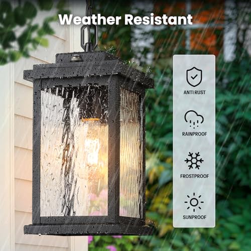 Image of Gleamz Large Outdoor Pendant Lights, Black with Dusk to Dawn Sensor | Outdoor Pendant Lights for Porch, Aluminum Waterproof Exterior Hanging Lighting Fixtures for Balcony, E26 Socket, No-Solar