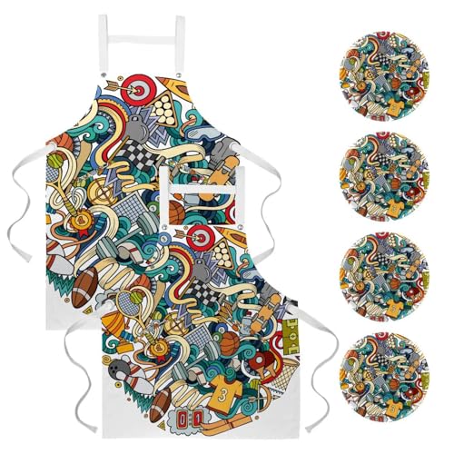 Tablier de cuisine multicolore avec 4 broches lot de 2 style graffiti sportif One Large