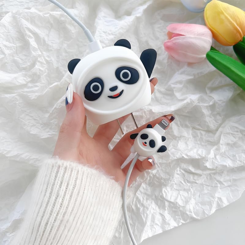 Image of skysia Charger & Cable Protector for iPhone (18W-20W) - 3D Cute White Panda Design, Full Protection Cover, Data Line Wire Saver, 4-in-1 Silicone Set (Multicolored, Pack of 1)