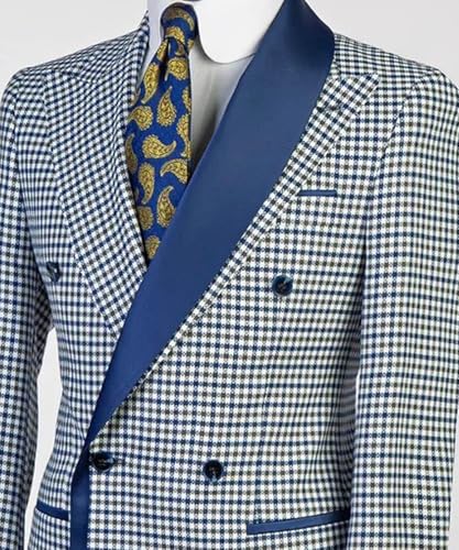 Men's Slim Fit 2 Piece Suits Plaid Formal Suit Double Breasted Prom Wedding Business Tuxedo Blazer Pants4