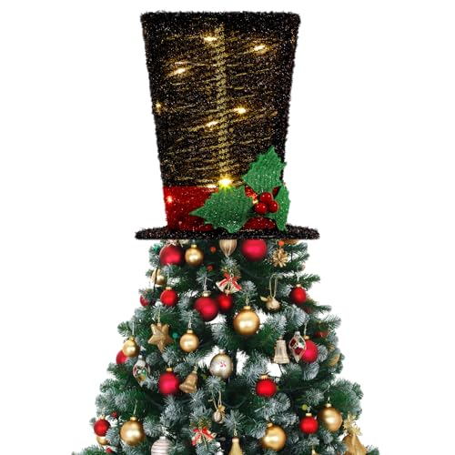Christmas Tree Topper Hat with LED Light 8.5'' Black Tree Top Hat...