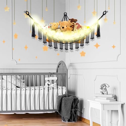 Image of CERETIA Stuffed Animal Hammock with LED Light, Large Stuffed Animals Storage Corner Plushie Net for Kids Room Decor, Jumbo Black