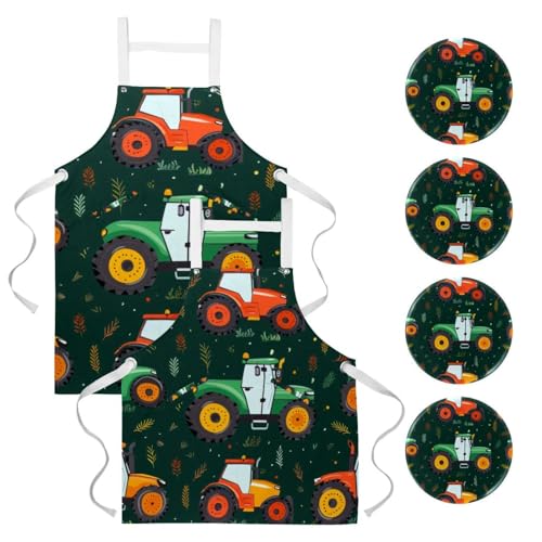 Lot de 2 tabliers de cuisine verts motif tracteur avec 4 broches pour bistrot