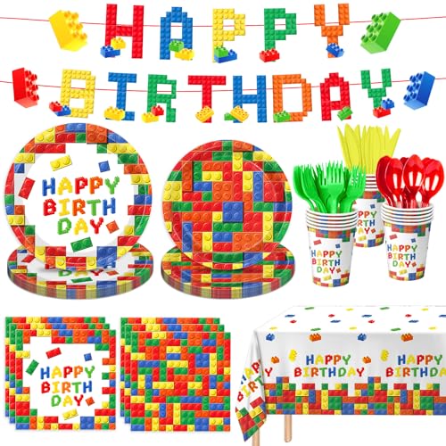 LINHAXM 177 Pcs Building Block Birthday Party Supplies, Colorful Plates, Napkins, Cups, Tablecloth, Banner for Boys Kid's Birthday Party Decorations, Serves 25