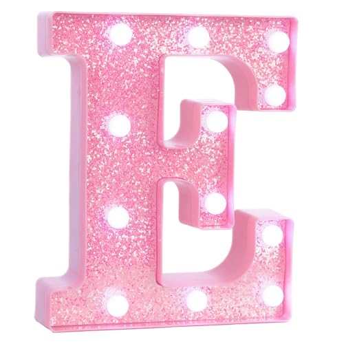 Image of Pink Marquee Light Up Letters, Glitter Alphabet LED Letter Lights for Pink Birthday Party Decorations, Battery Operated Letter Sign for Girls Room Vanity Table Decor, Cool White Lights Letter E