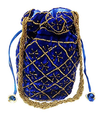 velvet Blue fabric wedding potli for ladies for women handbags traditional Indian Wristlet with Drawstring Ethnic Embroidery Women Fashion Potli
